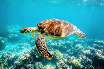 Fototapeta premium Graceful sea turtle gliding through vibrant ocean waters above c