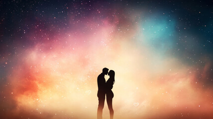 Fototapeta premium Dark silhouette of lovers embracing, kissing under starry nebula sky, heart-shaped celestial backdrop creating romantic cosmic scene