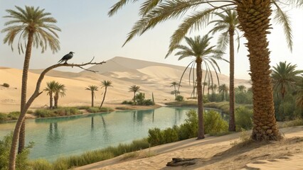 Serene oasis in a desert landscape with palm trees and water