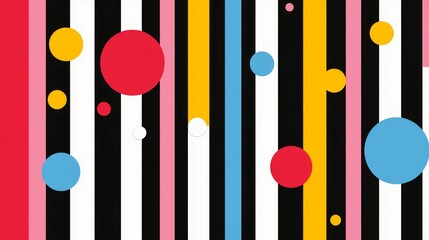Colorful circles scattered among vertical stripes.