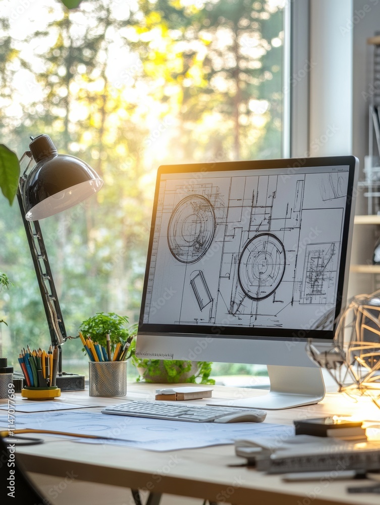 Poster modern engineering desk with copy space for project plans and designs in a well lit workspace. gener