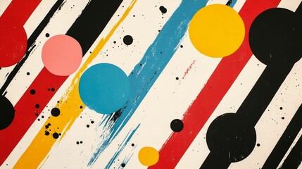 Abstract painting: colorful circles, diagonal stripes, paint splatters.
