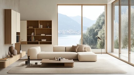 Minimalist Living Room with Beige Furniture and Scenic Views in 3D Design