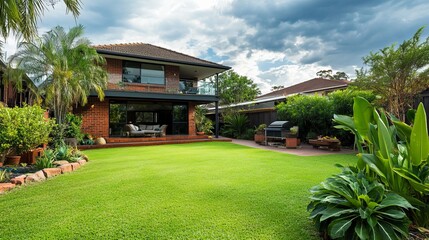 Modern Brick House with Lush Garden and Grassy Lawn under Cloudy Sky