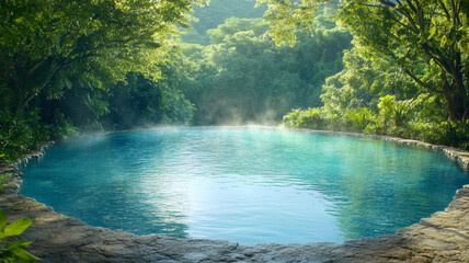 Obraz premium Steam rising from a tranquil heart-shaped hot spring nestled in a verdant tropical forest, offering a serene and inviting escape