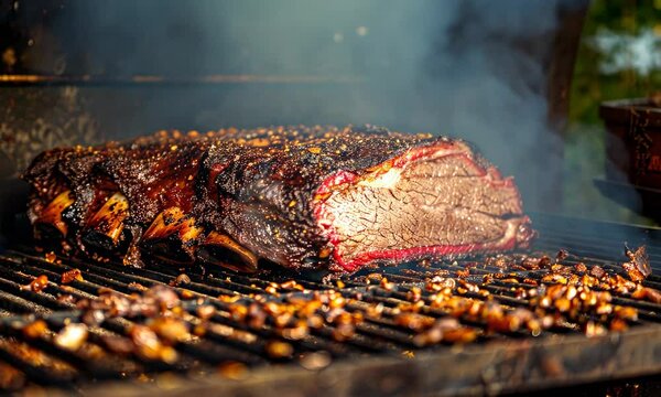 Juicy smoked brisket on grill with smoke rising