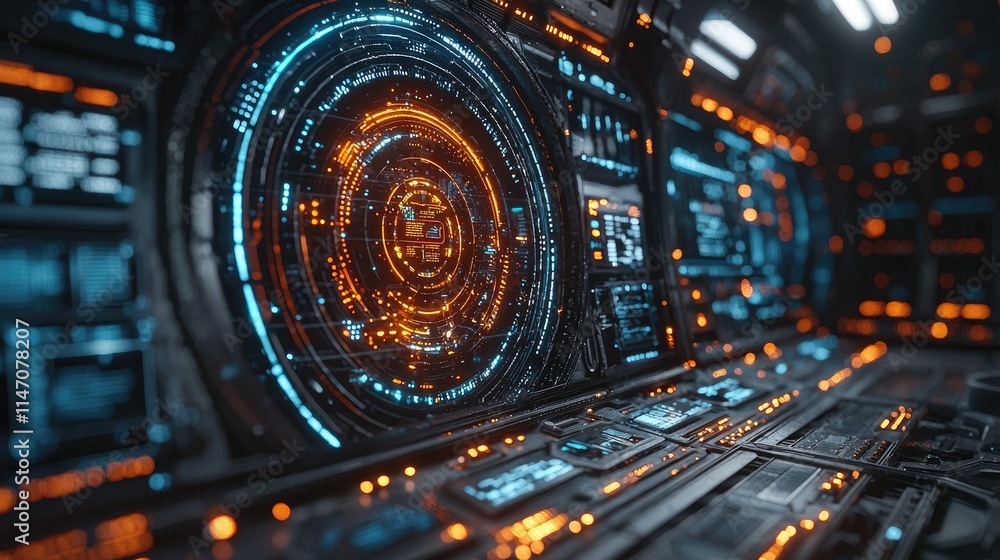 Poster futuristic control panel with glowing interfaces and intricate designs.