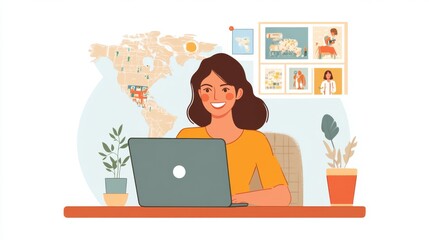 Happy businesswoman with pictures interface in front of laptop on world map background