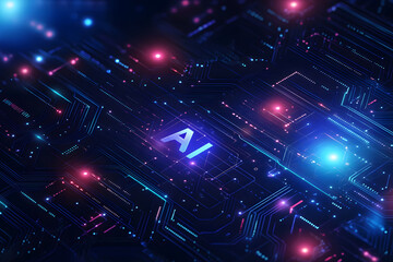 Obraz premium Artificial Intelligence Concept with Glowing AI Text on a Futuristic Circuit Board