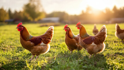 Chickens basking in morning sunlight in an open field, surrounded by green grass and natural feed stations, promoting health and wellness. 