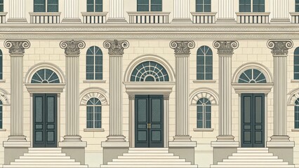 Naklejka premium Elegant architectural facade with classical columns and doors