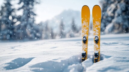 Yellow skis standing in fresh powder snow on a sunny winter day with snowy mountain background.