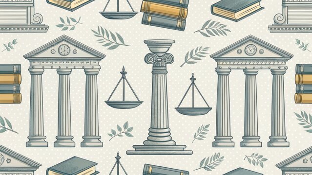 Legal-themed pattern featuring columns and scales of justice