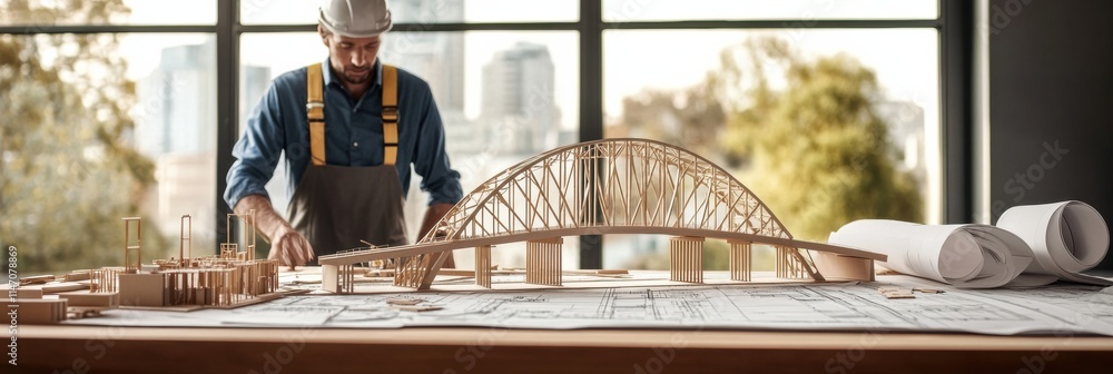 Aufkleber civil engineer working on a detailed bridge model in a modern design studio setting. generative ai