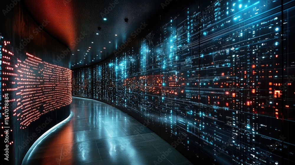 Poster futuristic corridor with illuminated data streams and abstract patterns.