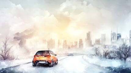 futuristic autonomous electric vehicles navigating snow-covered smart highways: a stunning winter urban landscape poster for sports and tech enthusiasts