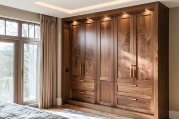 Sun shining on a large fitted wooden wardrobe with drawers in a luxurious bedroom