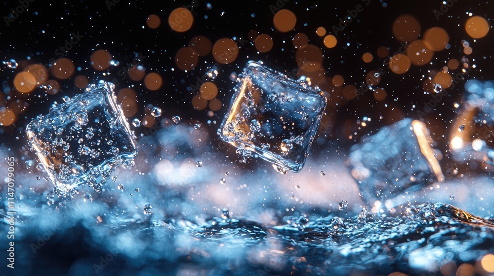 Poster ice cubes splashing into water, creating a dynamic and refreshing visual effect.