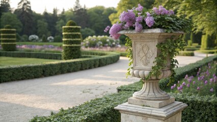 Obraz premium Elegant garden urn adorned with lilacs in a manicured landscape