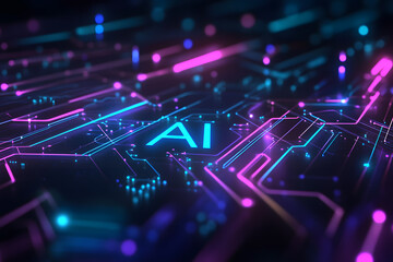 Fototapeta premium Artificial Intelligence Concept with Glowing AI Text on a Futuristic Circuit Board