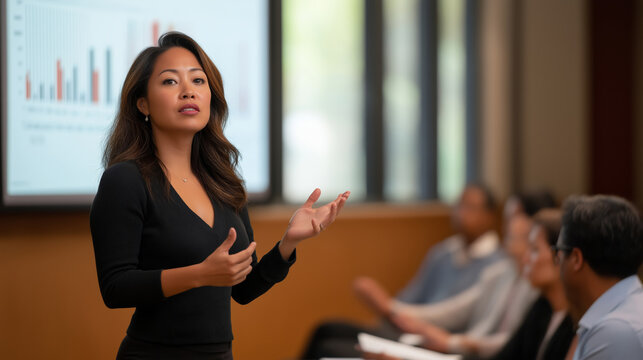 Professional presenting financial analytics, engaging audience with dynamic hand movements during corporate masterclass in sleek meeting space
