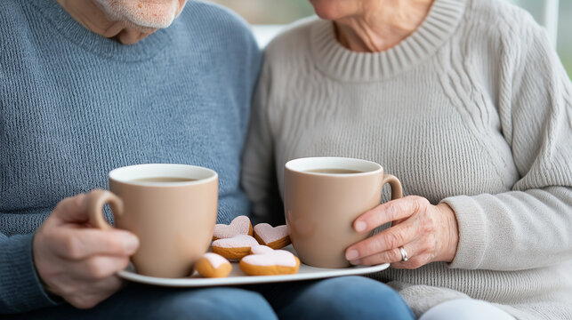 Senior couple enjoying a relaxing moment together, holding hands and sipping tea with heart-shaped cookies, symbolizing their enduring love and companionship - Powered by Adobe