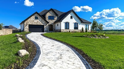 Fototapeta premium Beautiful luxury suburban house with stone facade and a curved paved driveway under a blue sky.