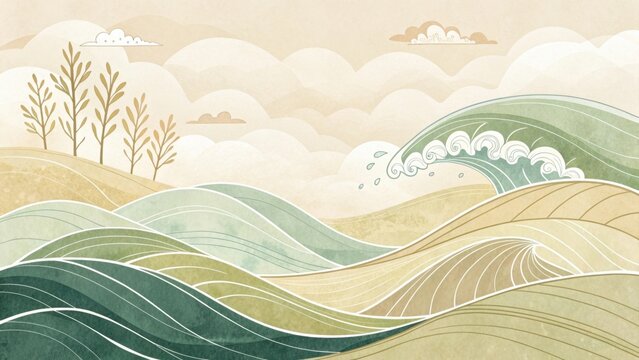 Serene abstract landscape with rolling waves and clouds