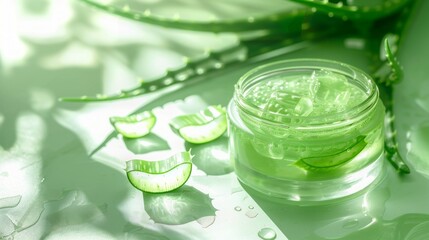 Glass jar of aloe vera gel with fresh aloe slices and leaves in a radiant green setting, perfect for skincare and natural beauty product promotion.