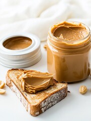 Peanut butter sandwich, peanut butter jar in the background, white background
