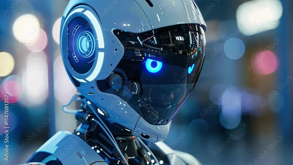 Poster white humanoid robot with glowing visor processing big data while observing colorful city lights at 