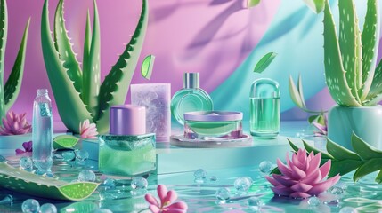 Vibrant aloe vera cosmetics collection with tropical flowers, modern packaging, and soothing pastel tones for beauty care.
