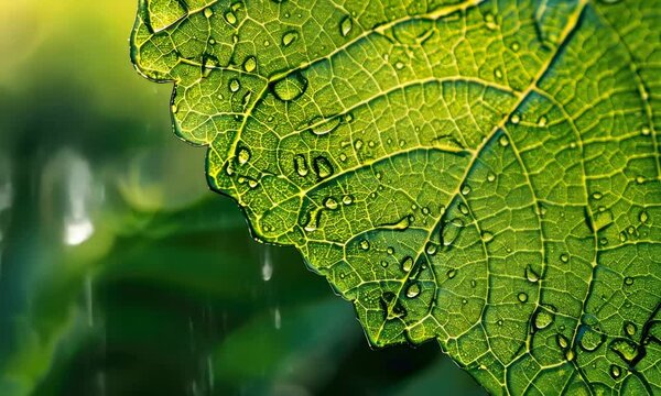 Close-up of leaf with water droplets on blurred green background