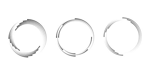 Set of black dotted vortex shapes. Geometric art. Circle form. Trendy design element for logo, tattoo, sign, symbol, web, prints, posters, social media, template, pattern, abstract backdrop