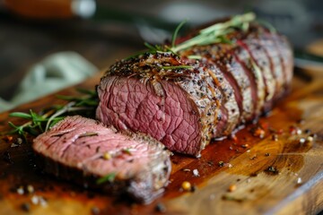 Juicy medium rare sliced roast beef seasoned with salt and pepper and garnished with rosemary sprigs