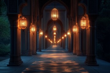 Illuminated walkway, ornate columns, glowing lanterns, night scene.