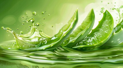 Dynamic splash of aloe vera gel and fresh aloe slices in a vibrant green setting, showcasing natural hydration and skincare benefits. Ideal for organic and wellness product campaigns.