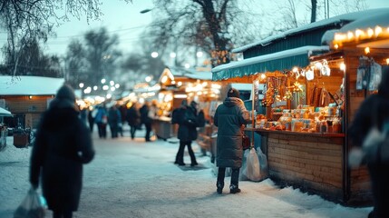 cozy winter market: handmade & sustainable treasures under snowy stalls - perfect poster for eco-conscious decor & warm ambiance!