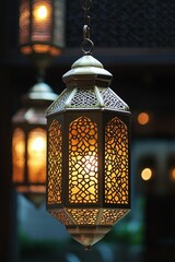 Ornate hanging lamp, illuminated, intricate design.