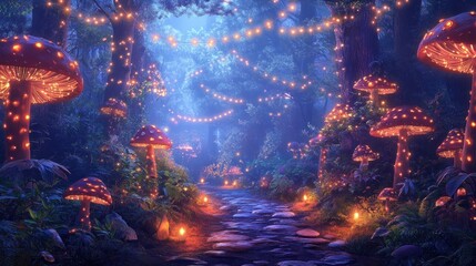 Fototapeta premium Enchanted forest path at night with glowing mushrooms and fairy lights.