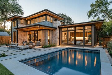 Modern family home featuring expansive windows and a pool surrounded by lush greenery in a serene outdoor