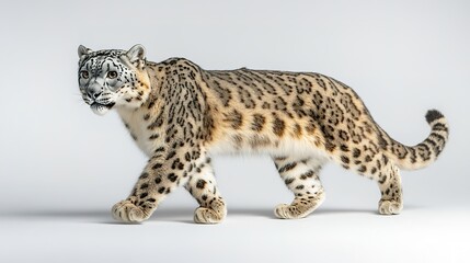 Fototapeta premium Graceful snow leopard walking with distinct fur patterns and cap