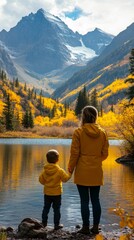 Mother and child admire the stunning mountain landscape at a serene lake during autumn in the Canadian Rockies