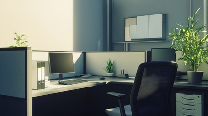 Modern office cubicle with computer, plants, and natural light.