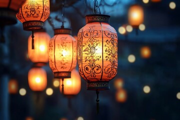 Illuminated paper lanterns hang, glowing softly.