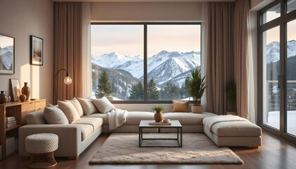 Fototapeta premium living room interior, cozy modern living room with beige sofa, white throw blanket, soft lighting, and snow-capped mountain view