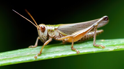 Fototapeta premium Close-up of a grasshopper on a blade of grass.