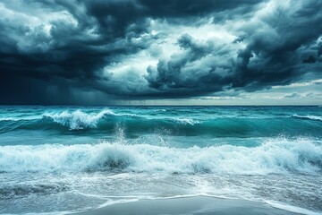 Dark storm clouds loom over turbulent ocean waves crashing onto