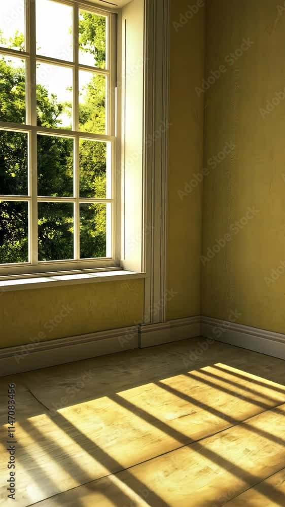 Poster sunlight streams through a window into a bright yellow room, creating shadow patterns on the floor