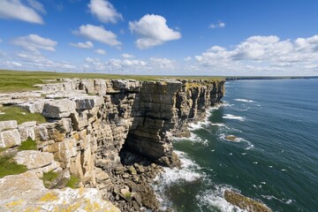 Scenic coastal cliffs with waves crashing against rocky shores.